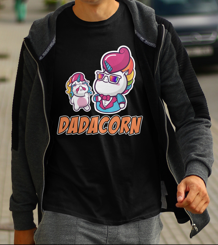 Dadacorn Unicorn Dad And Baby With Rainbow Outfits And Sunglasses T-Shirt