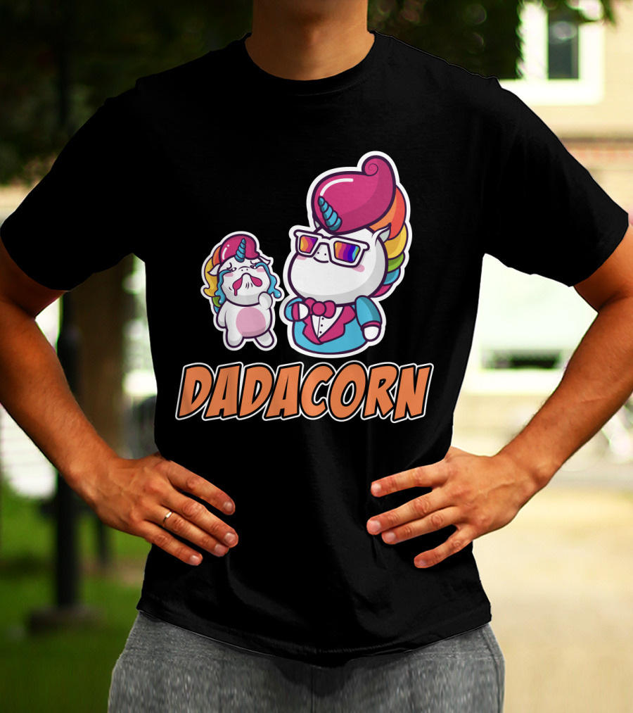 Dadacorn Unicorn Dad And Baby With Rainbow Outfits And Sunglasses T-Shirt