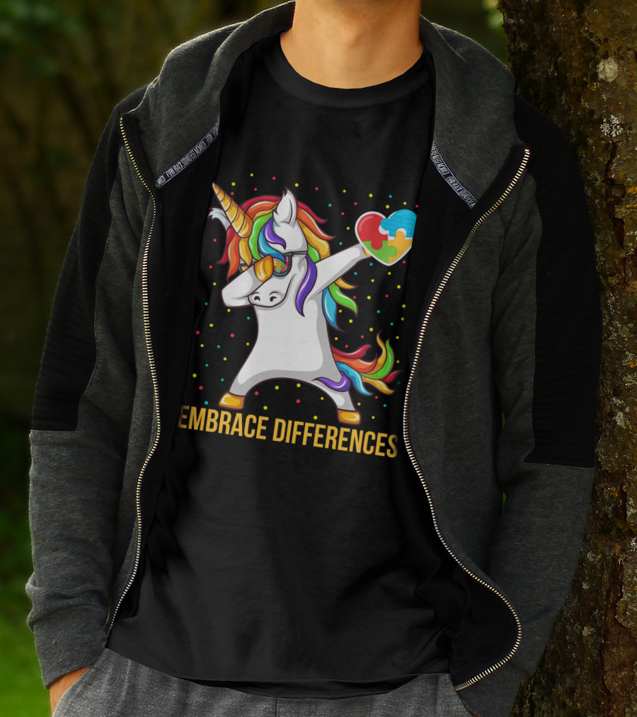 Embrace Differences Autism Awareness Dabbing Unicorn Heart Puzzle Piece T-Shirt