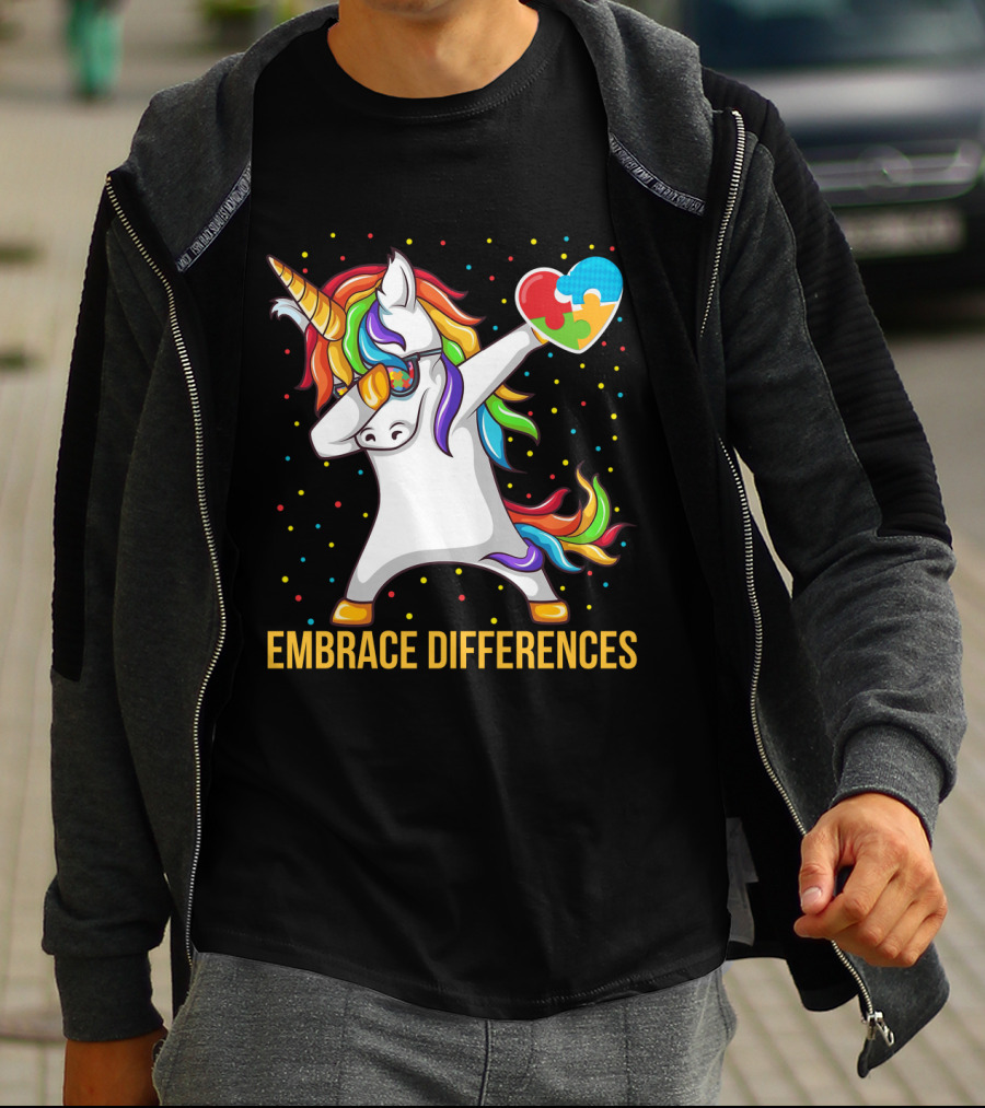 Embrace Differences Autism Awareness Dabbing Unicorn Heart Puzzle Piece T-Shirt
