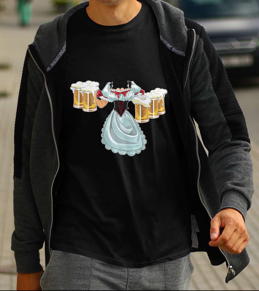Dirndl Fraulein Oktoberfest Costume With Beer Mugs T-Shirt