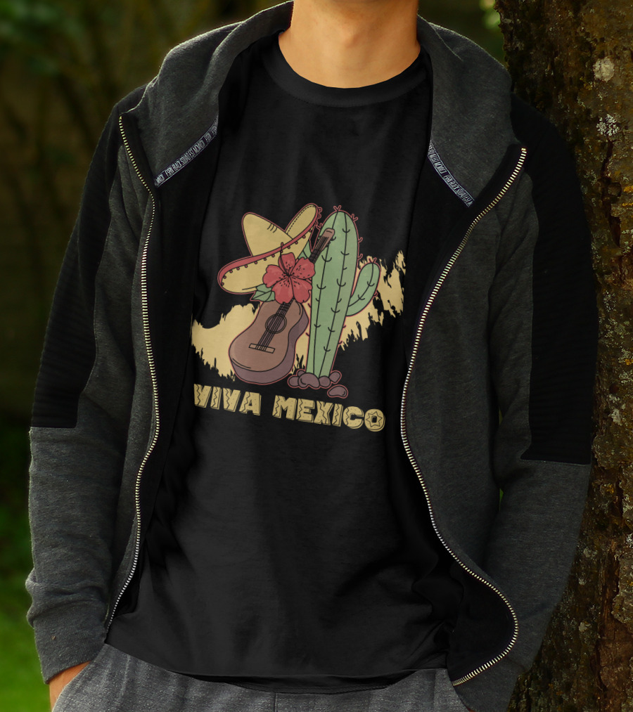 Viva Mexico Sombrero Guitar Cactus Flower T-Shirt