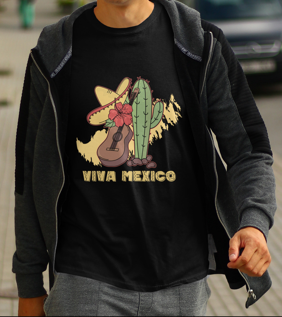 Viva Mexico Sombrero Guitar Cactus Flower T-Shirt