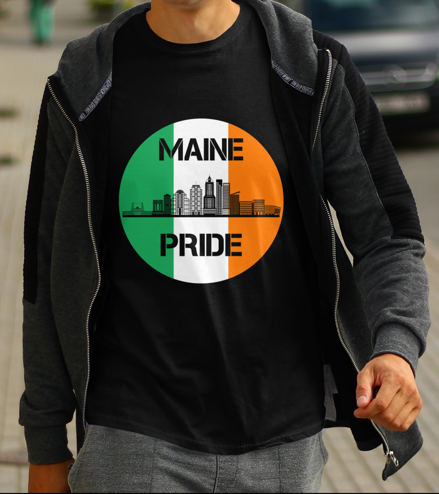 Maine Pride City Skyline With Irish Flag Colors Maine T-Shirt
