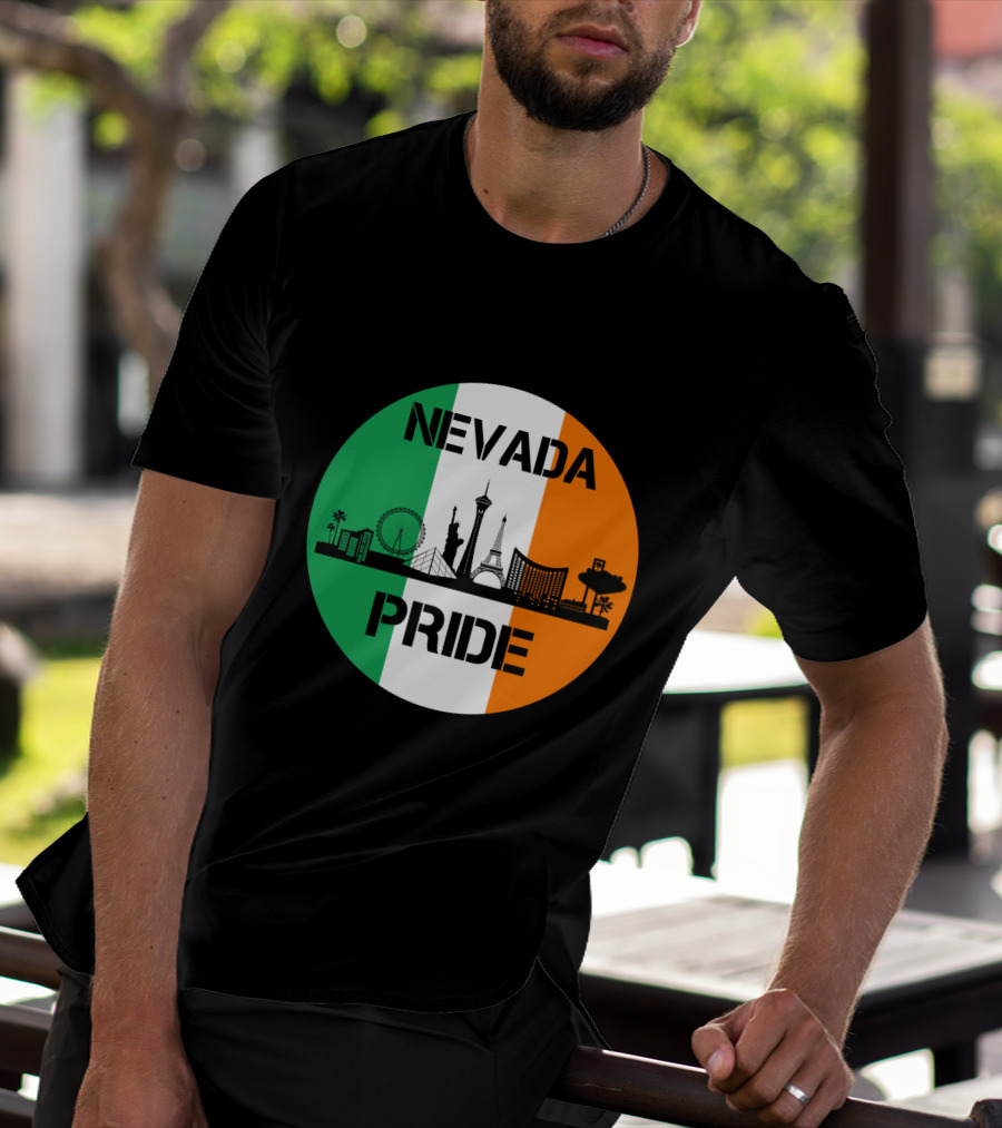 Nevada Pride Skyline With Irish Flag Colors And Iconic Landmarks T-Shirt