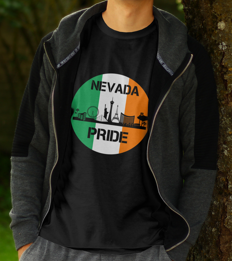 Nevada Pride Skyline With Irish Flag Colors And Iconic Landmarks T-Shirt