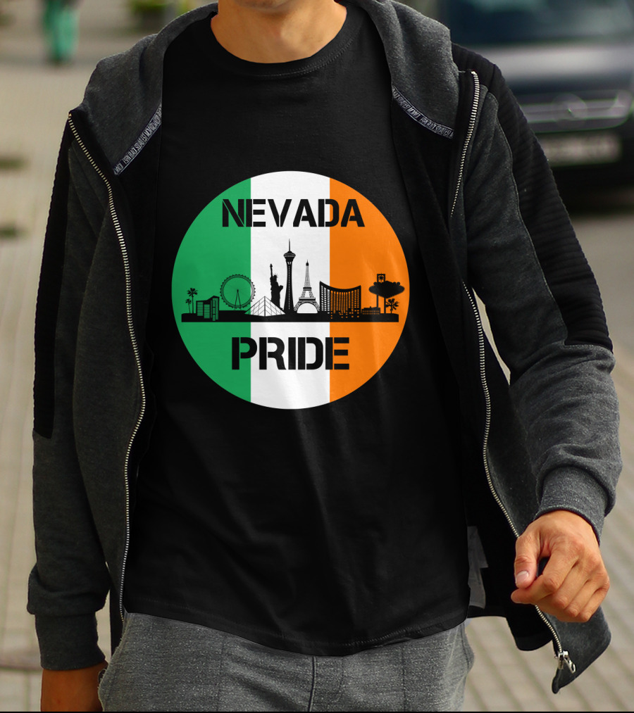 Nevada Pride Skyline With Irish Flag Colors And Iconic Landmarks T-Shirt