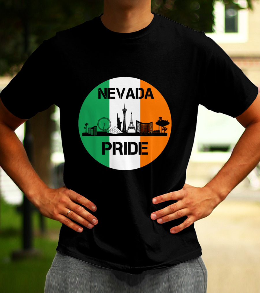 Nevada Pride Skyline With Irish Flag Colors And Iconic Landmarks T-Shirt