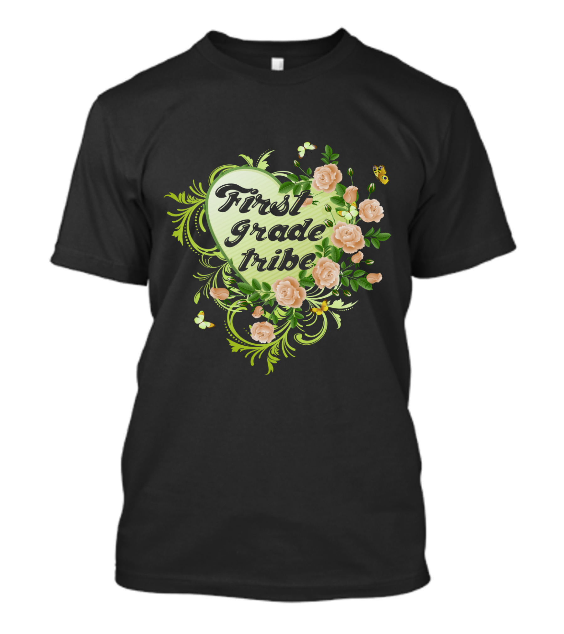 First Grade Tribe Floral Heart Butterfly Womens Teacher T-Shirt