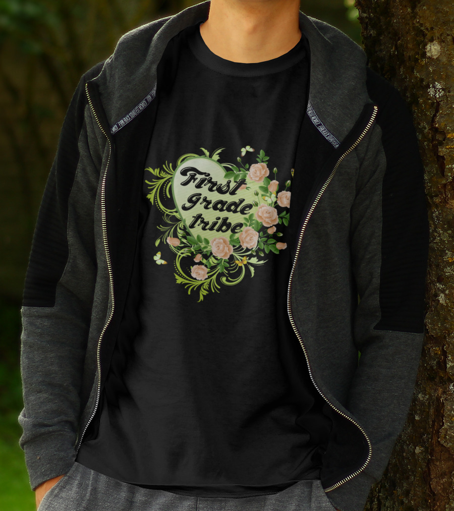 First Grade Tribe Floral Heart Butterfly Womens Teacher T-Shirt