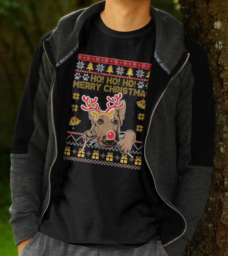 HO HO HO Merry Christmas German Shepherd Reindeer Antlers Ugly Sweater Style Holiday Bells Presents Snowflakes T-Shirt
