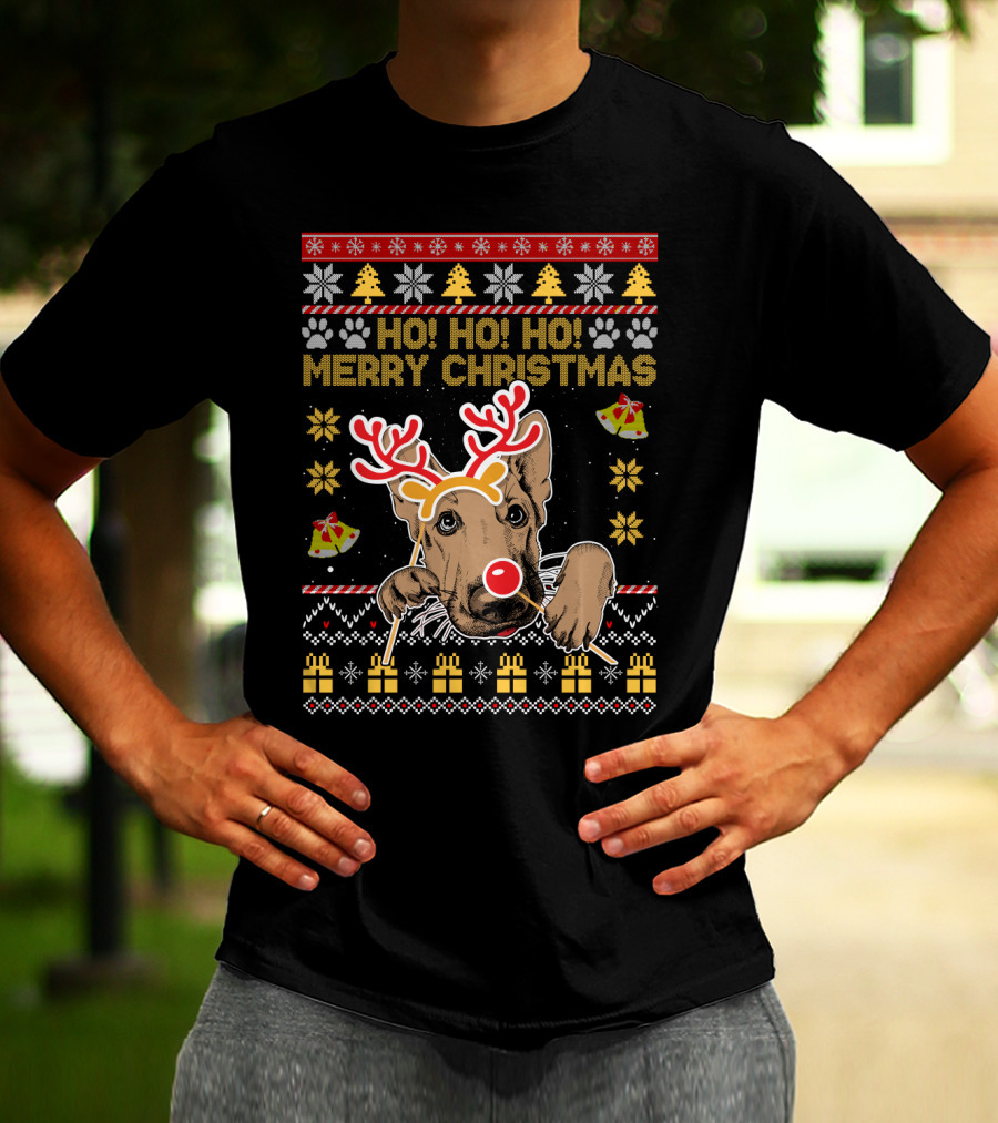 HO HO HO Merry Christmas German Shepherd Reindeer Antlers Ugly Sweater Style Holiday Bells Presents Snowflakes T-Shirt