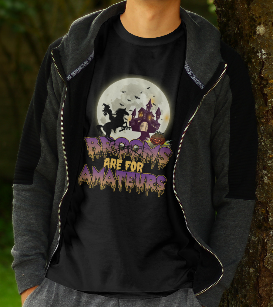 Brooms Are For Amateurs Halloween Riding Horse Moonlit Haunted Castle T-Shirt