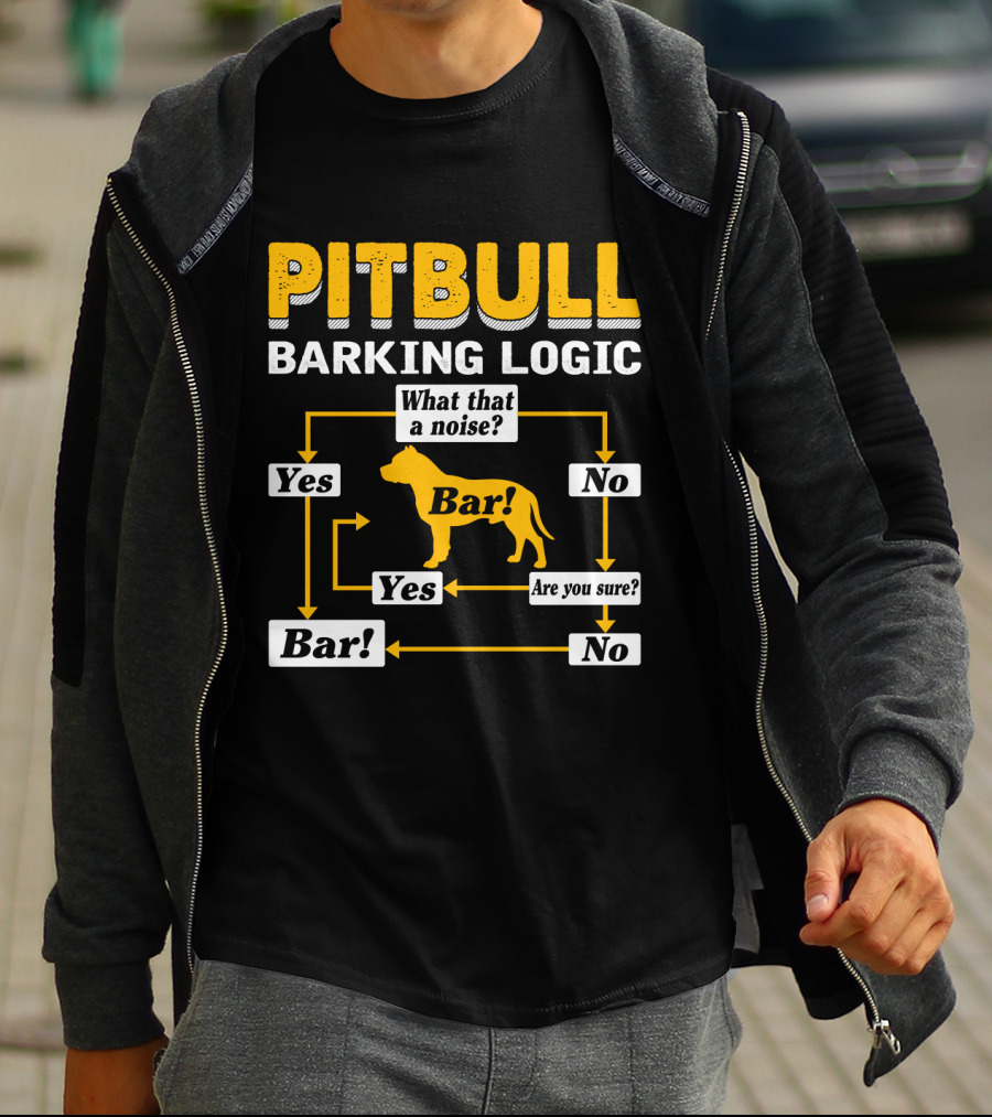 PITBULL BARKING LOGIC What That A Noise Are You Sure Yes No Bar T-Shirt