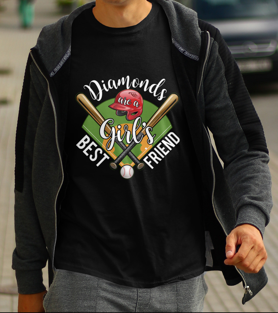 Diamonds Are A Girl's Best Friend Baseball Theme With Bats, Red Helmet, And Field T-Shirt