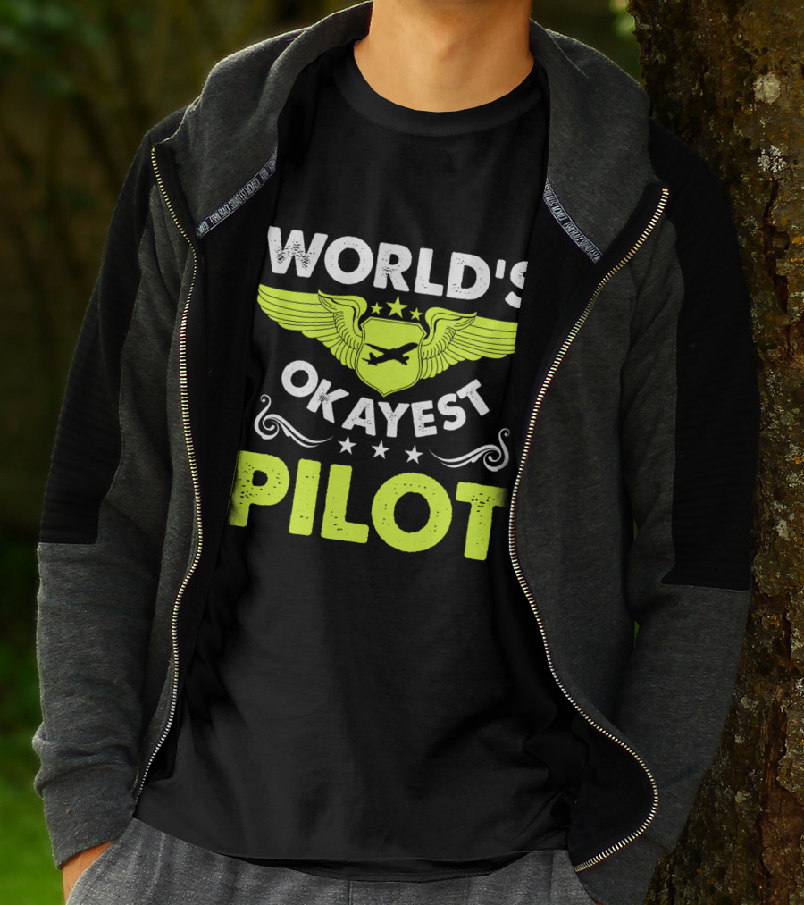 WORLD'S OKAYEST PILOT Wing Emblem Stars T-Shirt