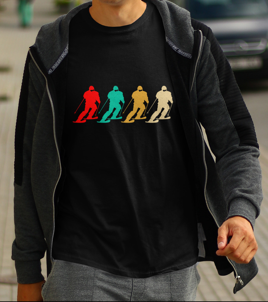 Vintage Skiing Retro Skier Silhouettes Multicolor T-Shirt