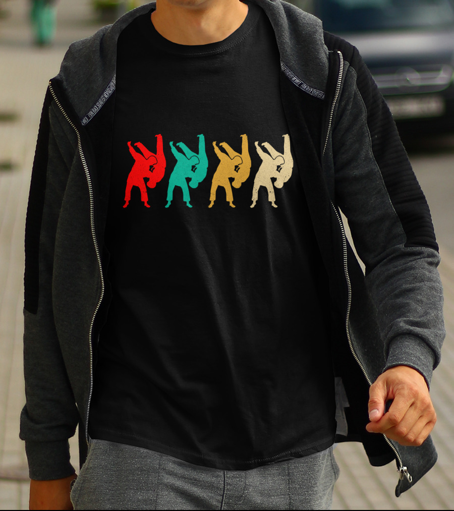 Vintage Judo Throw Silhouettes Red Teal Yellow Beige T-Shirt
