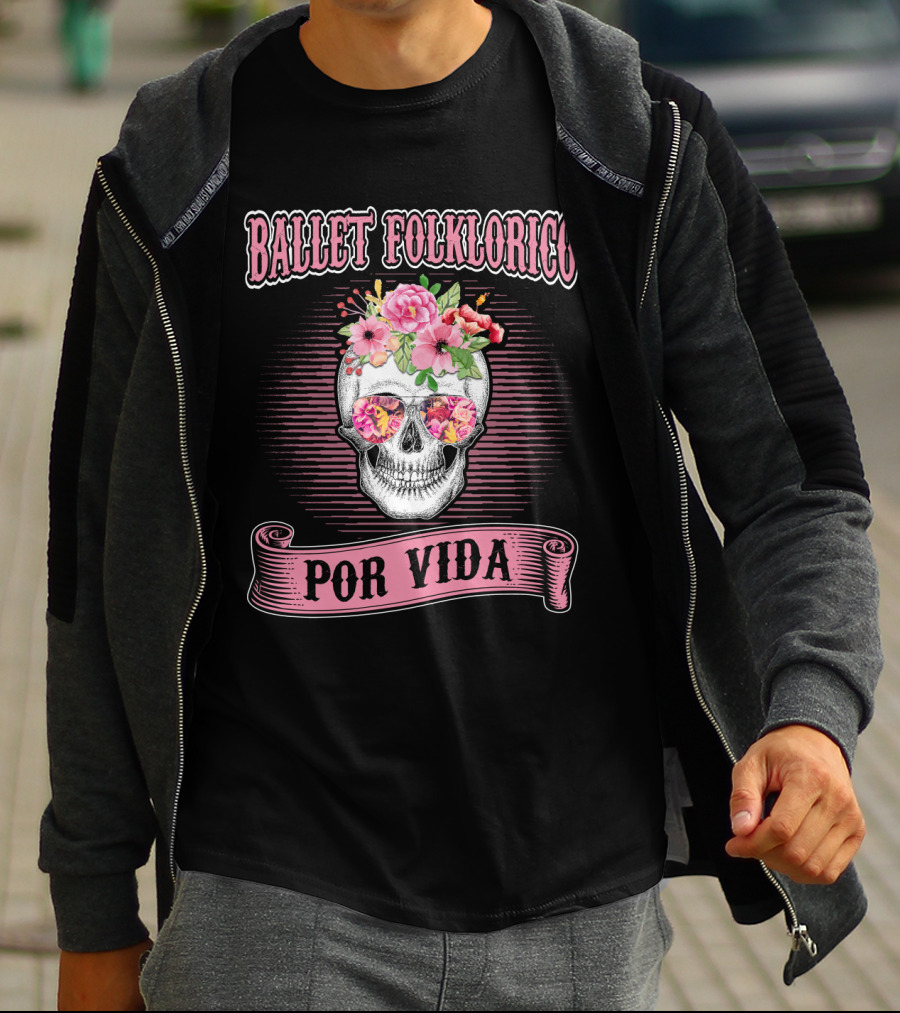 Ballet Folklorico Por Vida Skull With Flowers T-Shirt