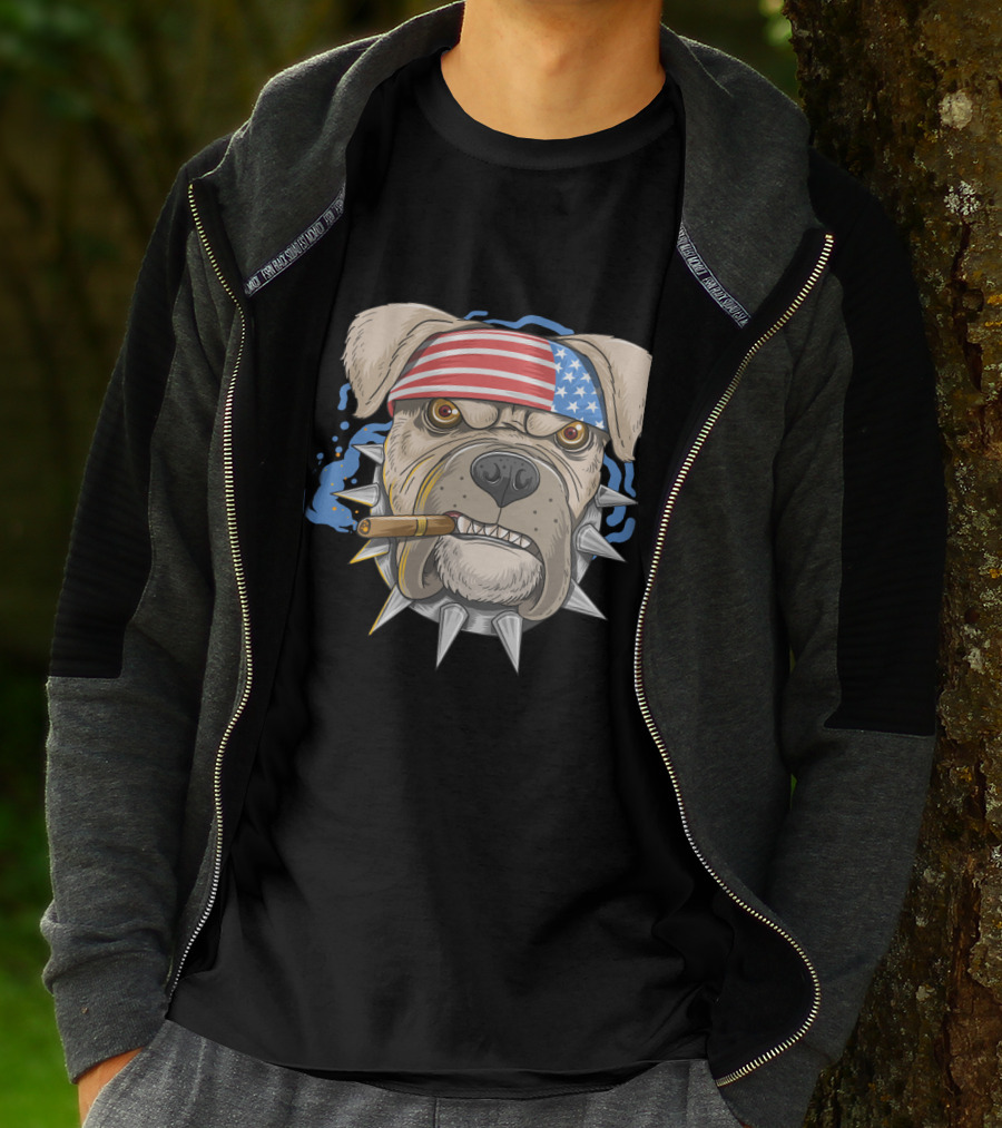 Pit Bull Dog American Punk Head Spiked Collar Patriotic Bandana Cigar T-Shirt