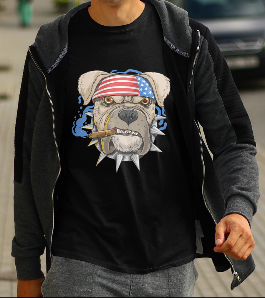 Pit Bull Dog American Punk Head Spiked Collar Patriotic Bandana Cigar T-Shirt