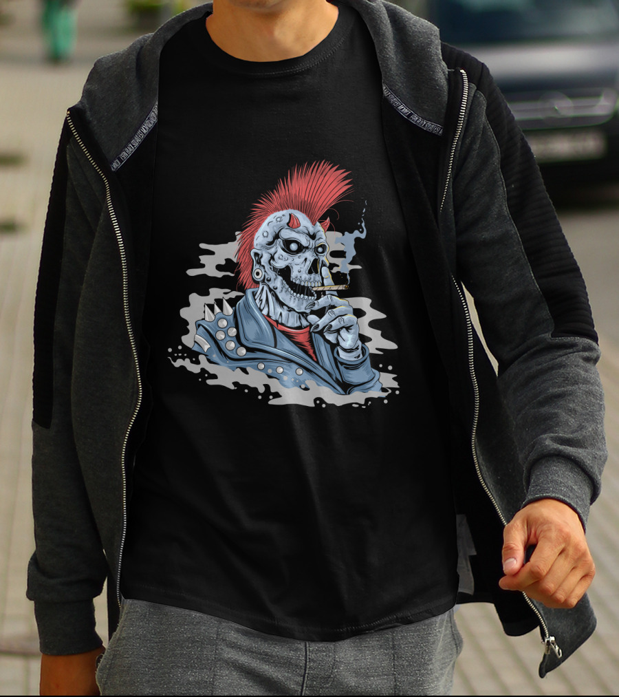 Skull Punk Mohawk With Spiked Leather And Smoking Cigarette T-Shirt