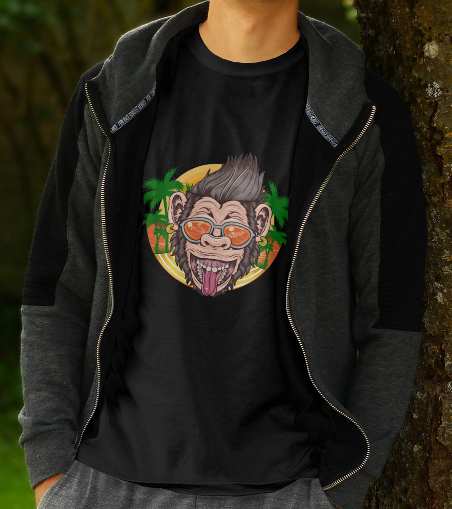 Funny Chimpanzee Sunglasses Tropical Sunset T-Shirt