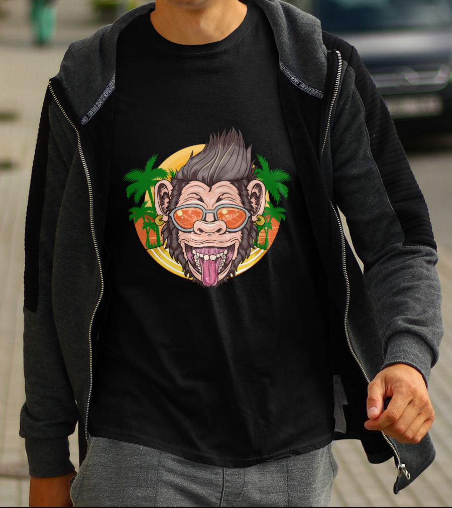 Funny Chimpanzee Sunglasses Tropical Sunset T-Shirt