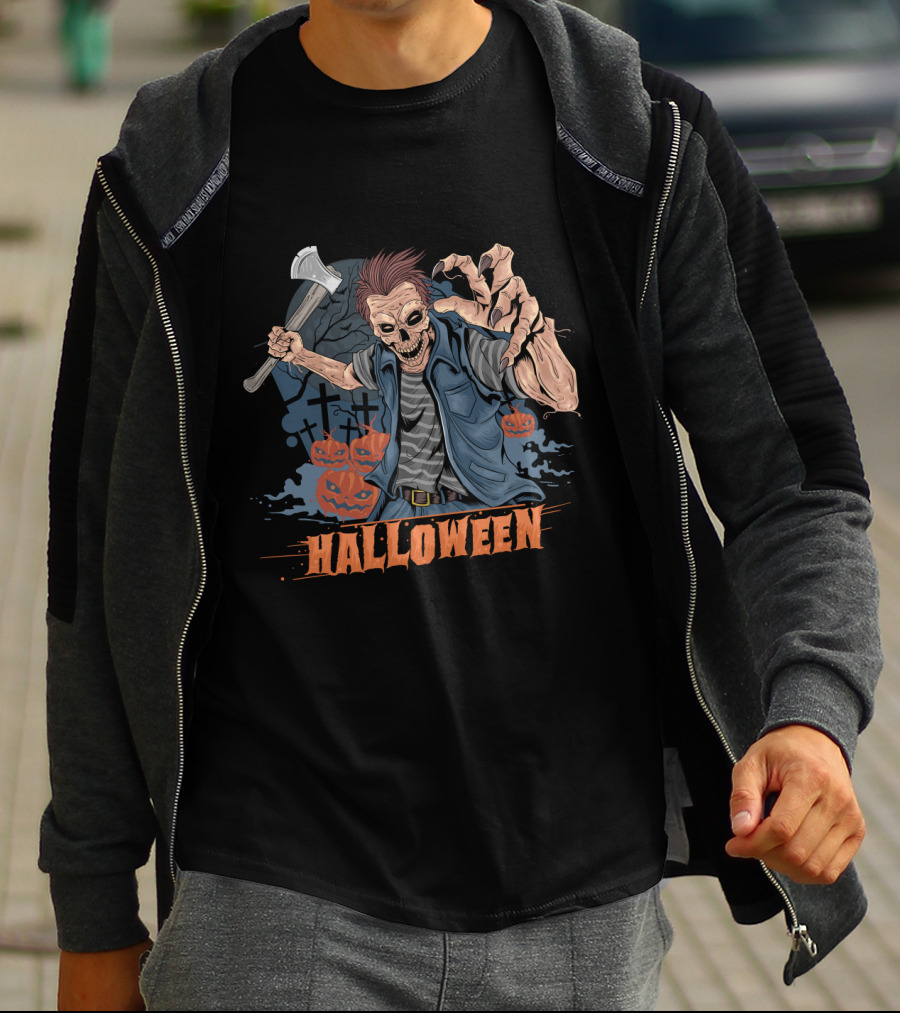 Halloween Funny Zombie With Axe And Pumpkins T-Shirt
