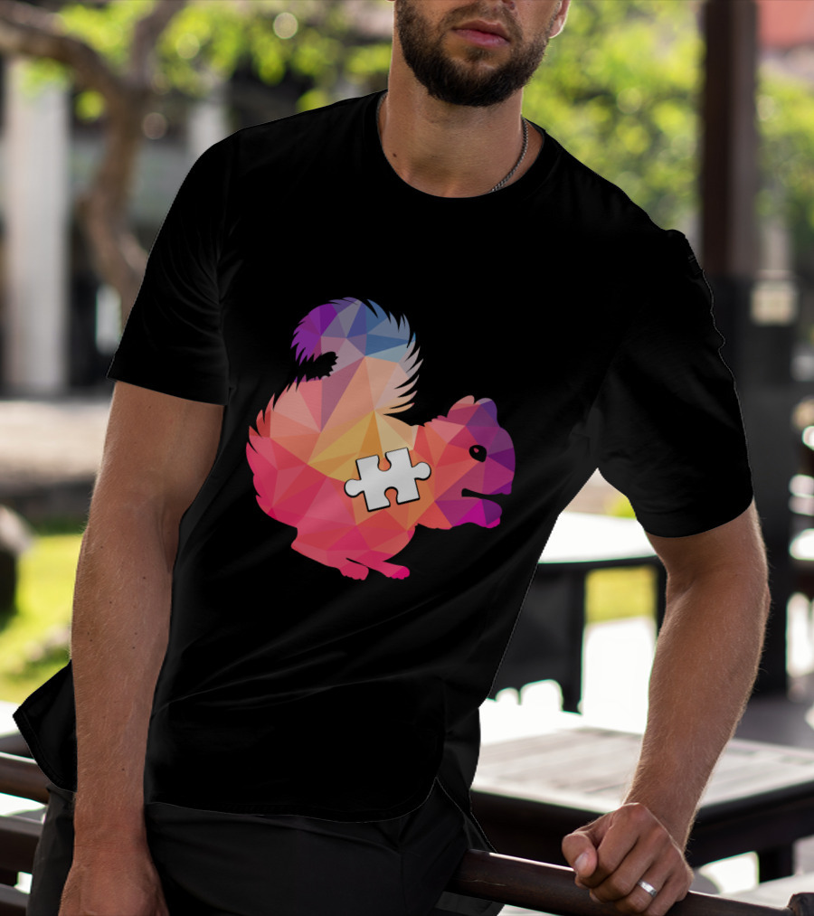 Squirrel Autism Awareness Puzzle Piece Geometric Multicolor T-Shirt
