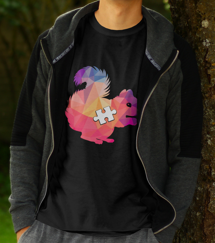 Squirrel Autism Awareness Puzzle Piece Geometric Multicolor T-Shirt