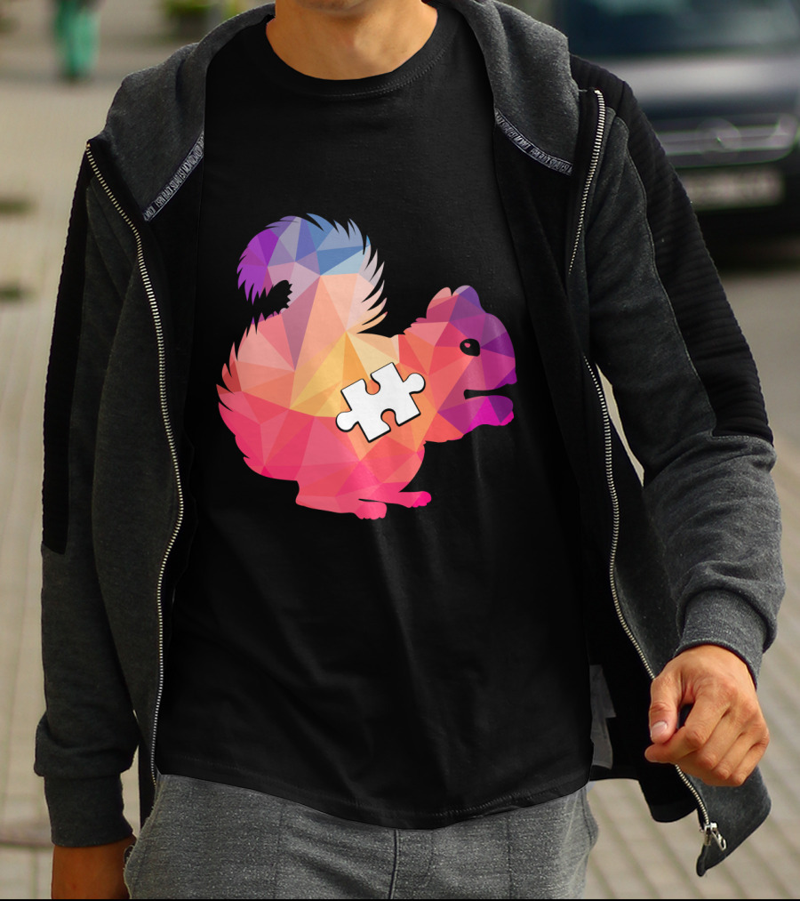 Squirrel Autism Awareness Puzzle Piece Geometric Multicolor T-Shirt