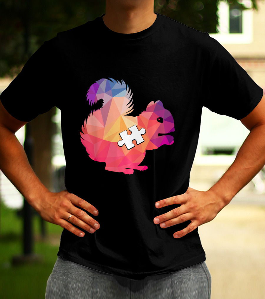 Squirrel Autism Awareness Puzzle Piece Geometric Multicolor T-Shirt