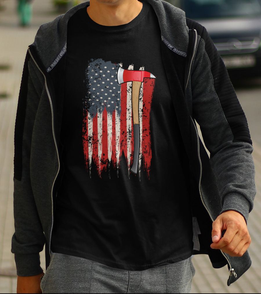 American Flag Themed Firefighter Axe Symbolizing Patriotism T-Shirt