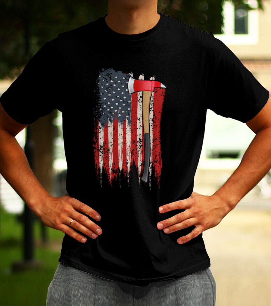 American Flag Themed Firefighter Axe Symbolizing Patriotism T-Shirt
