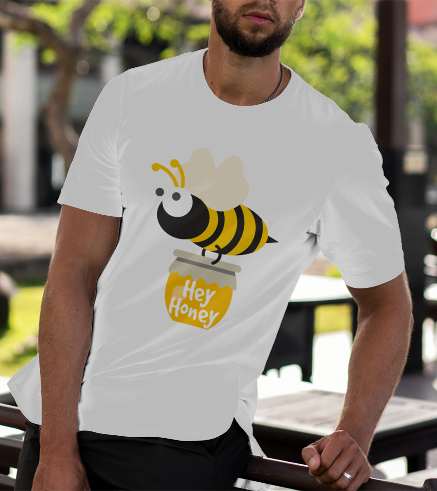 Hey Honey Fun Bee Yellow Striped Cartoon Bee On Honey Jar T-Shirt