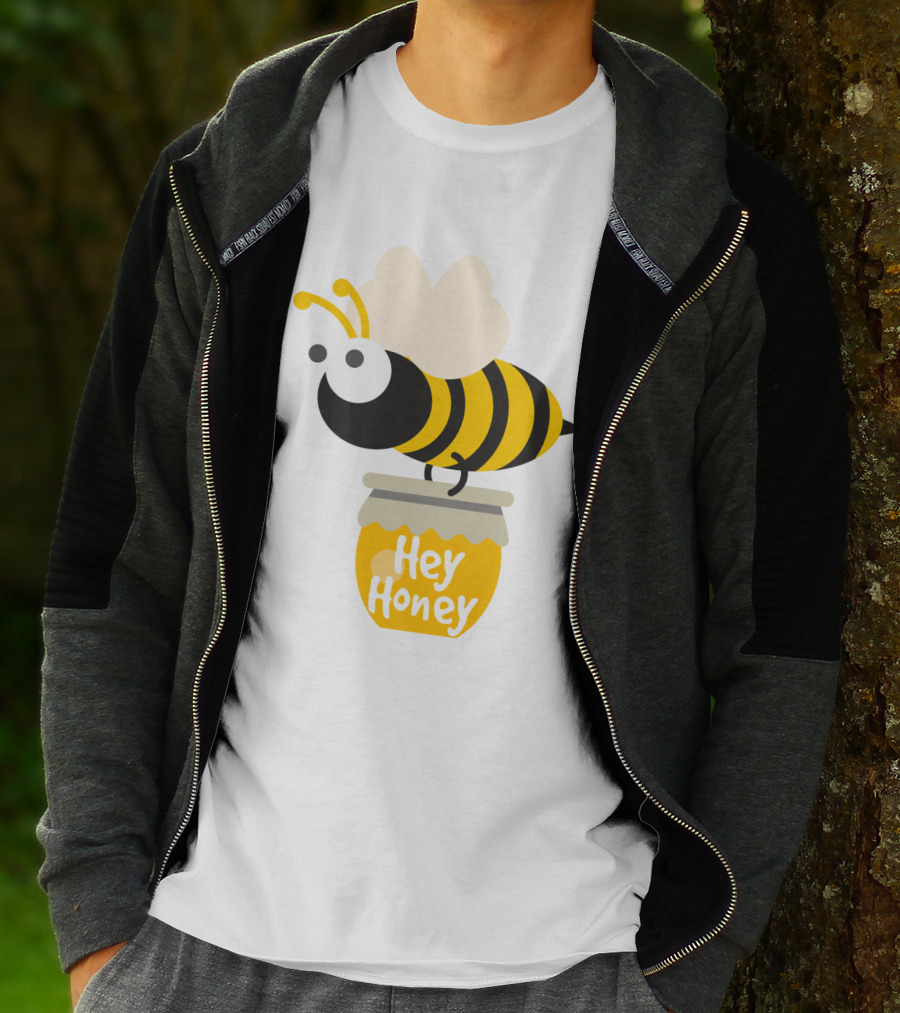 Hey Honey Fun Bee Yellow Striped Cartoon Bee On Honey Jar T-Shirt