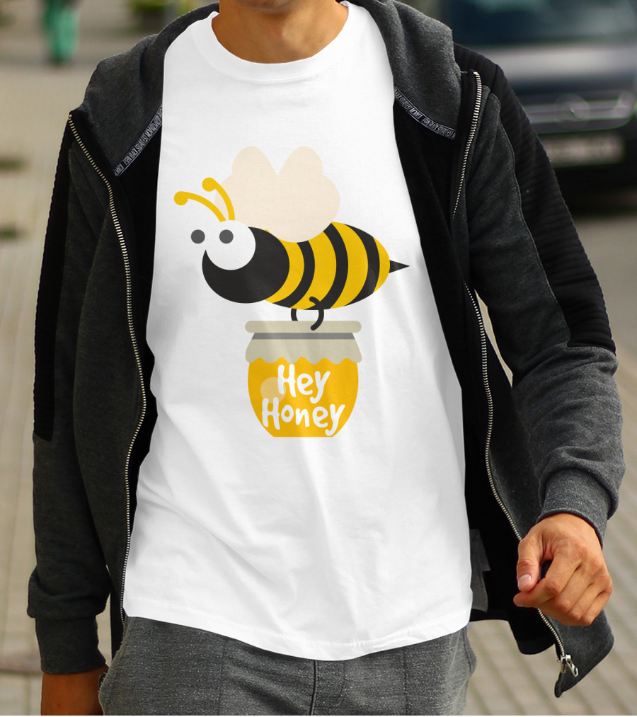 Hey Honey Fun Bee Yellow Striped Cartoon Bee On Honey Jar T-Shirt