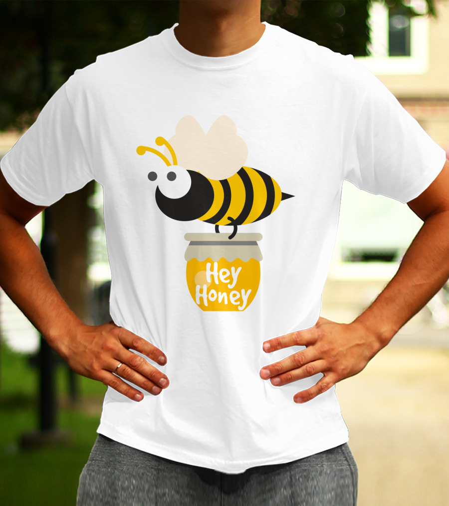 Hey Honey Fun Bee Yellow Striped Cartoon Bee On Honey Jar T-Shirt
