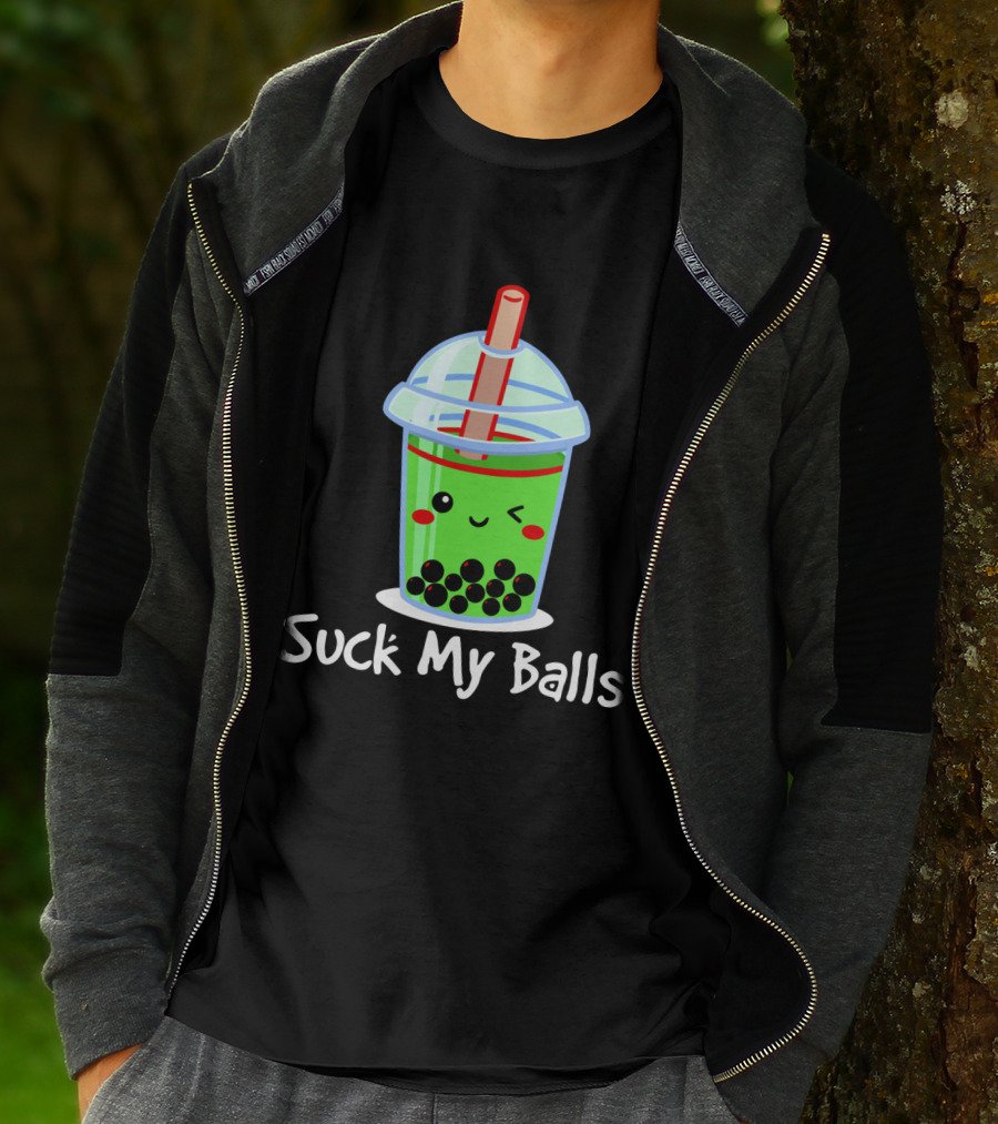 Suck My Balls Kawaii Bubble Tea Cup With Straw And Tapioca Pearls T-Shirt