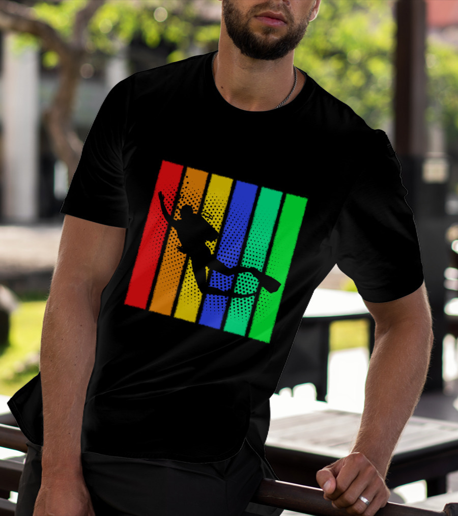 Retro Snorkeling Diver Silhouette Rainbow Stripes T-Shirt