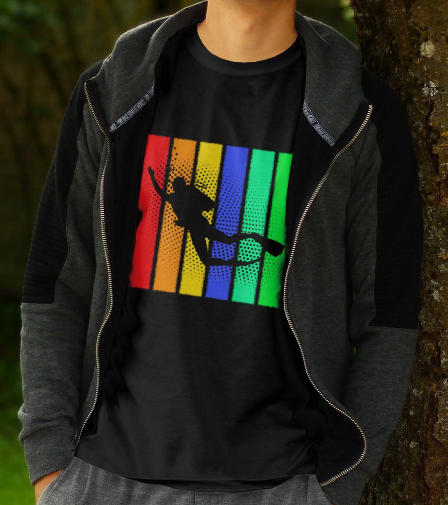 Retro Snorkeling Diver Silhouette Rainbow Stripes T-Shirt