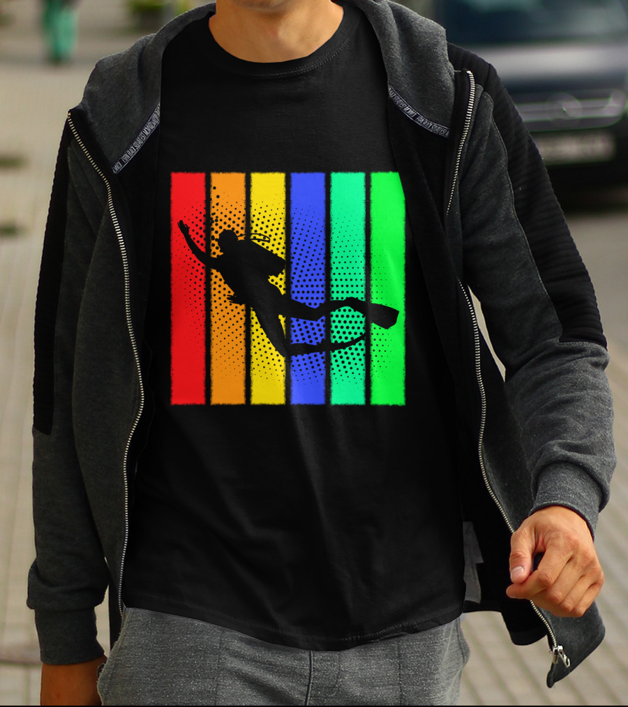 Retro Snorkeling Diver Silhouette Rainbow Stripes T-Shirt