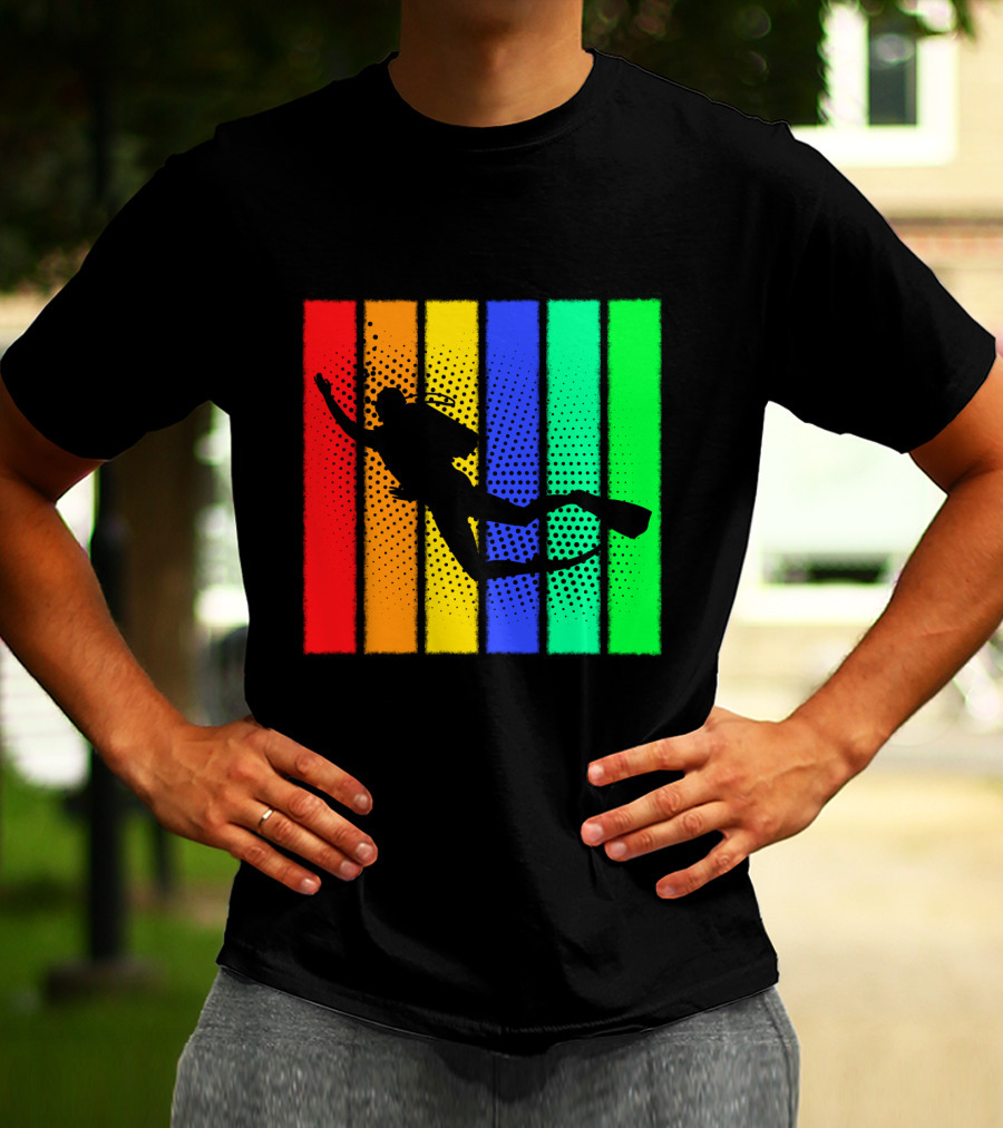 Retro Snorkeling Diver Silhouette Rainbow Stripes T-Shirt
