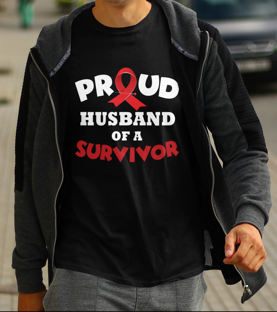 Proud Husband Of A Survivor Red Ribbon Awareness T-Shirt