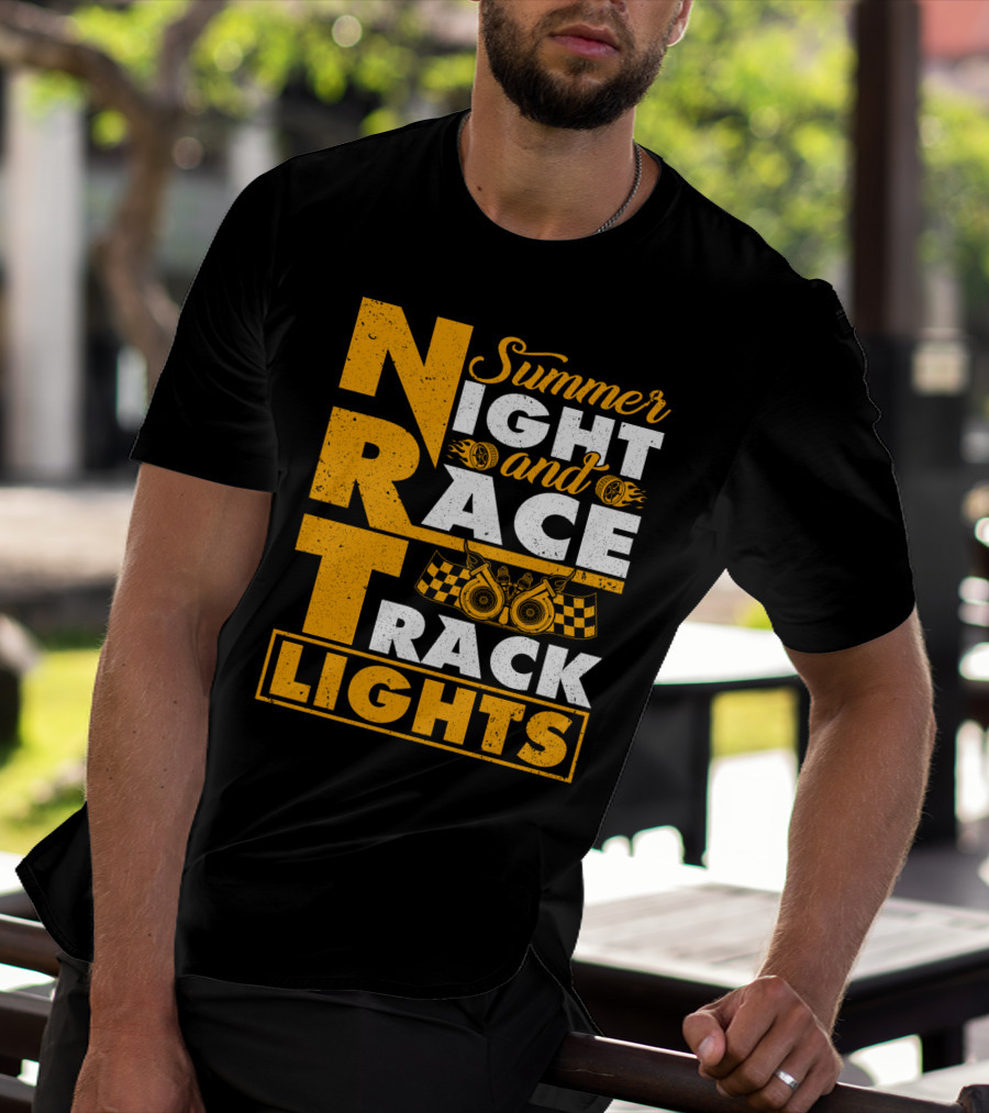 Summer Night And Race Track Lights With Engine And Checkered Flags T-Shirt