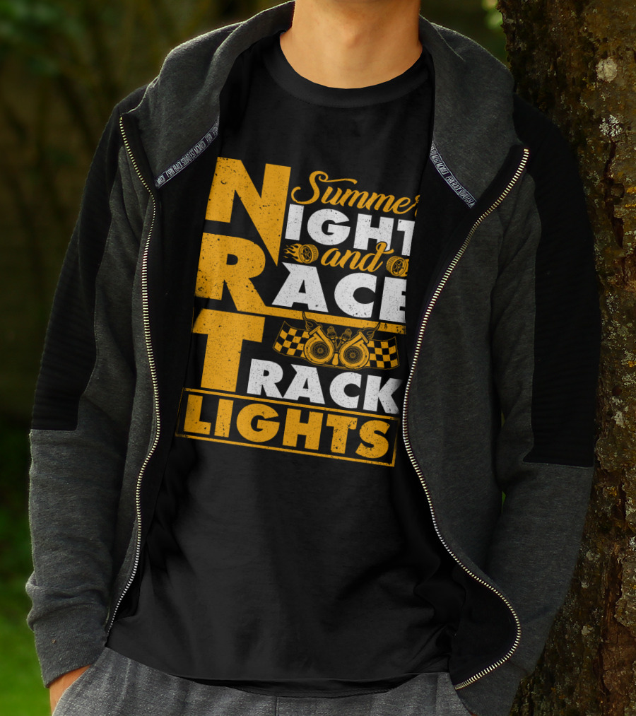 Summer Night And Race Track Lights With Engine And Checkered Flags T-Shirt