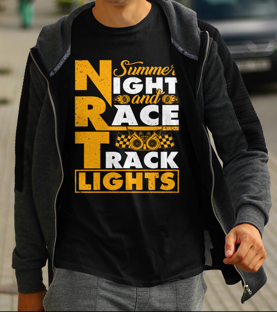 Summer Night And Race Track Lights With Engine And Checkered Flags T-Shirt