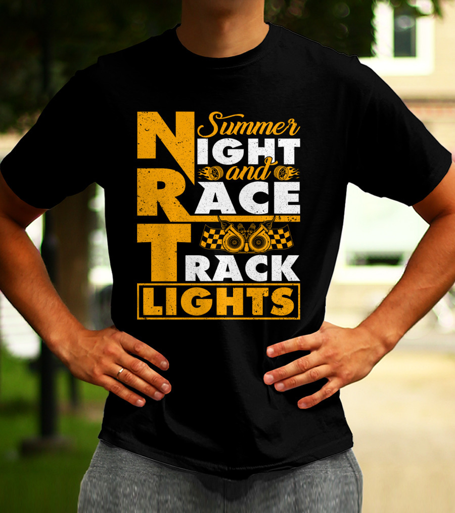 Summer Night And Race Track Lights With Engine And Checkered Flags T-Shirt