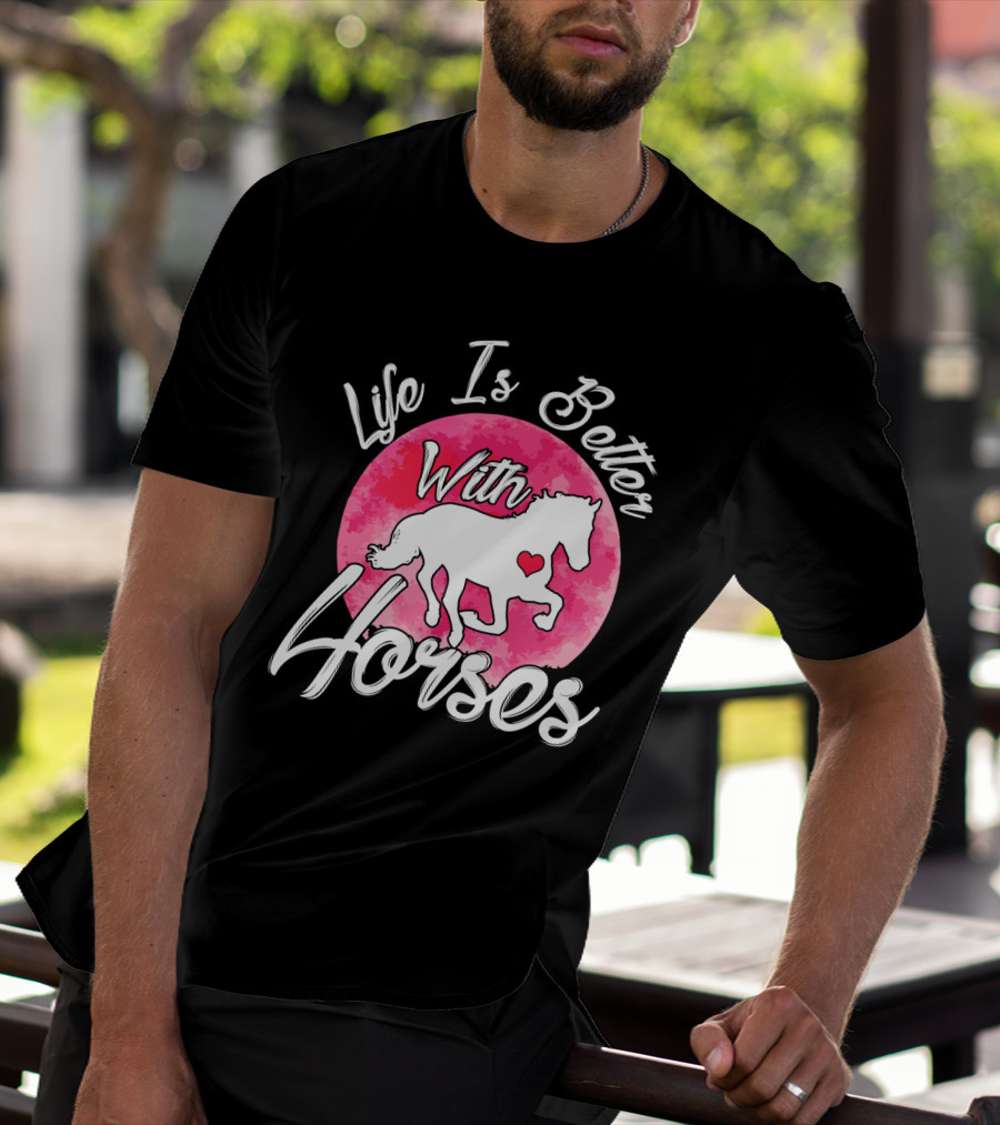 Life Is Better With Horses White Silhouette And Pink Watercolor Circle T-Shirt